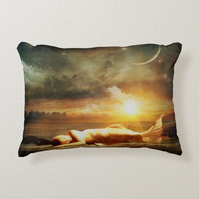 Mermaid moon beach and ocean brown green gold accent pillow (Front)