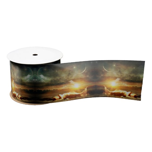 Mermaid moon beach and ocean gold green brown  satin ribbon (Spool)