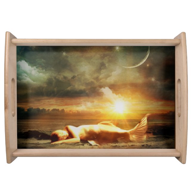 Mermaid moon beach ocean elegant gold green serving tray (Front)