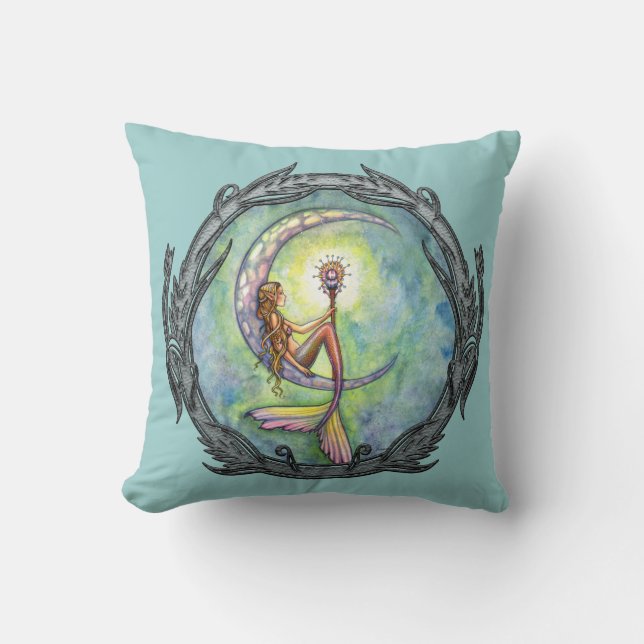 Mermaid Moon Fantasy Art Throw Pillow (Front)