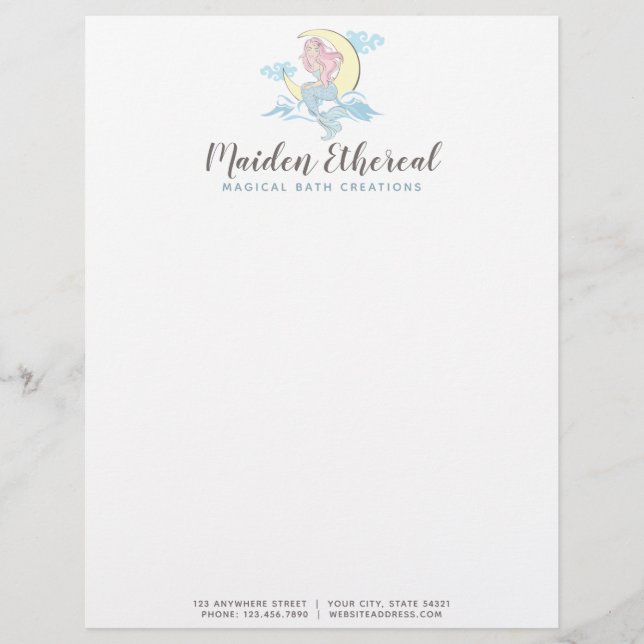 Mermaid Moon Mystical Pink Hair Sea Siren Letterhead (Front)