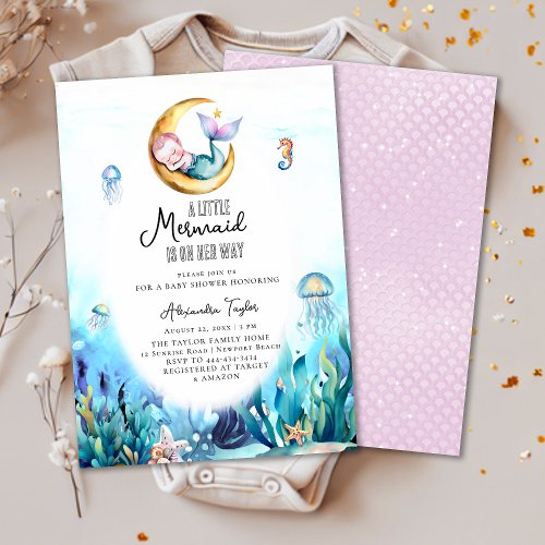 Mermaid Moon Ocean Sea Horse Girl Baby Shower Invitation