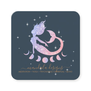 Mermaid moon phrases navy star night square business card
