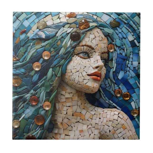 Mermaid Mosaic Nautical Themed Ceramic Tile (Front)
