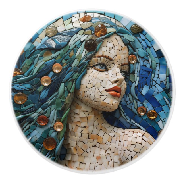 Mermaid Mosaic Nautical Themed Ceramic Tile Knob (Front)
