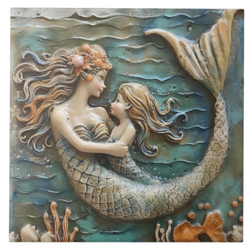 Mermaid Mother and Daughter 3D Effect Ceramic Tile