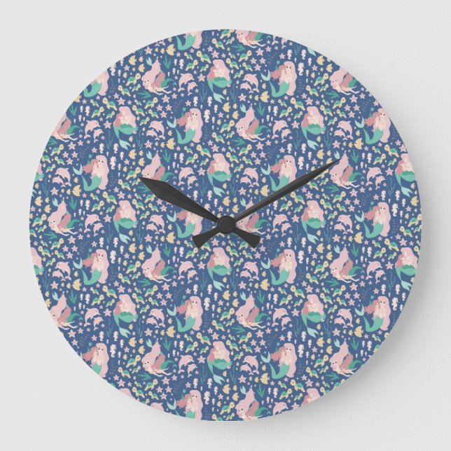 Mermaid Mother Daughter Bonding Ocean Dark Version Large Clock (Front)