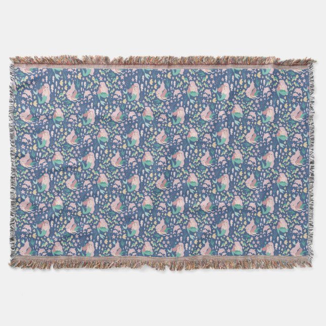 Mermaid Mother Daughter Bonding Ocean Dark Version Throw Blanket (Front)