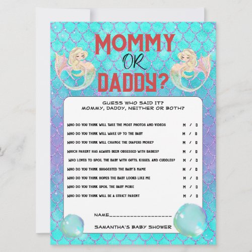 Mermaid Mother to Be Mommy Daddy Questions bubble Invitation