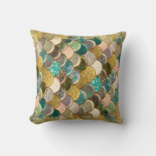 Mermaid Multi Color Glitter Glam Scales Girly Throw Pillow