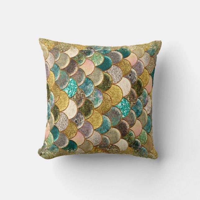 Mermaid Multi Color Glitter Glam Scales Girly Throw Pillow (Front)