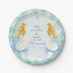 Mermaid n Starfish Baby Shower Watercolor Wood Art Paper Plates