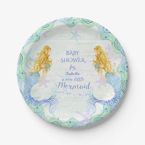 Mermaid n Starfish Baby Shower Watercolor Wood Art Paper Plates