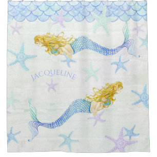 Mermaid n Starfish Wooden lWatercolor Beach Decor Shower Curtain