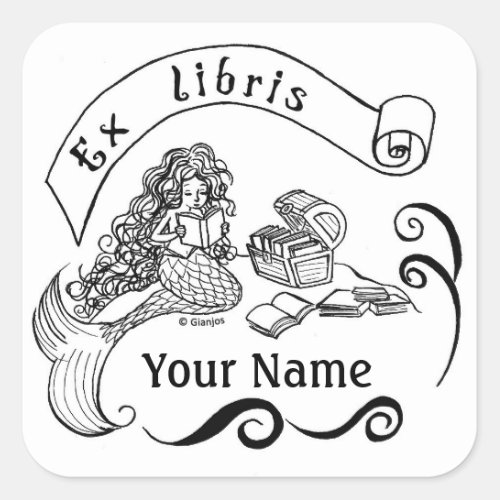 Mermaid name label  ex libris  bookplate