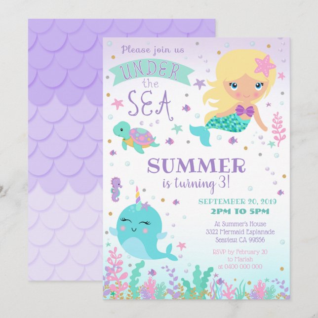 Mermaid Narwhal Invitation - Under the Sea (Front/Back)