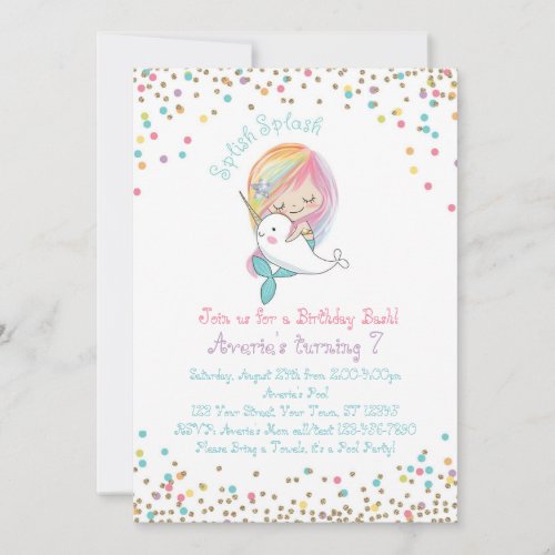 Mermaid Narwhal Pool Party Birthday Invitation