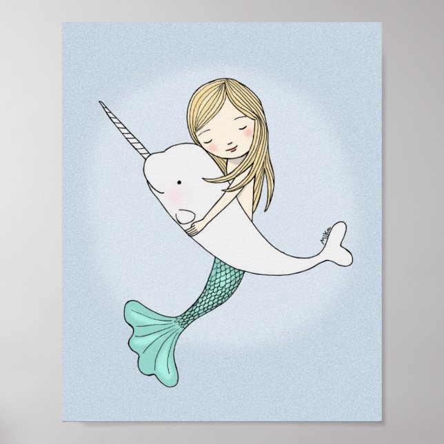 Mermaid Narwhal Poster Sweet Nautical Wall Decor (Front)