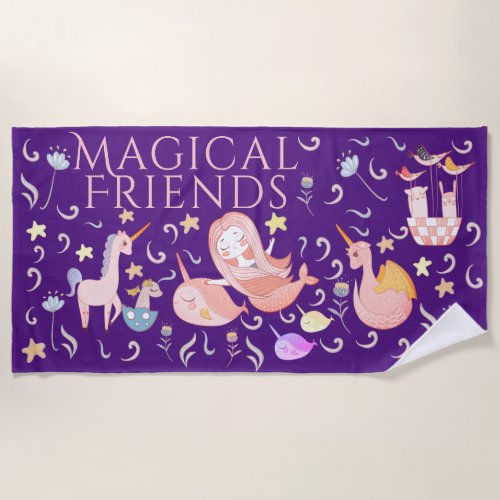 Mermaid Narwhal Unicorn Dragon Magical Friends Beach Towel