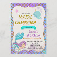 Mermaid narwhale party birthday invitation