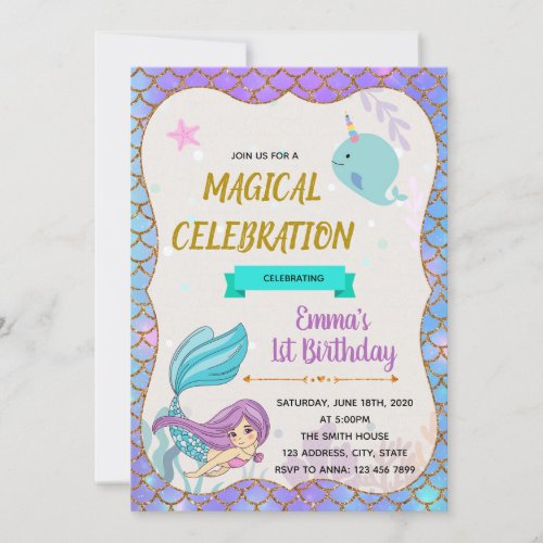 Mermaid narwhale party birthday invitation