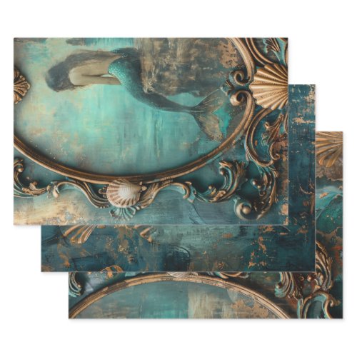 Mermaid Nautical Heavy Weight Decoupage Triptych Wrapping Paper Sheets