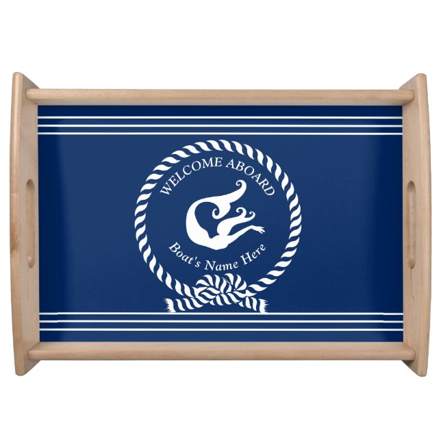 Mermaid Nautical Solid Navy Blue Boat Serving Tray (Front)