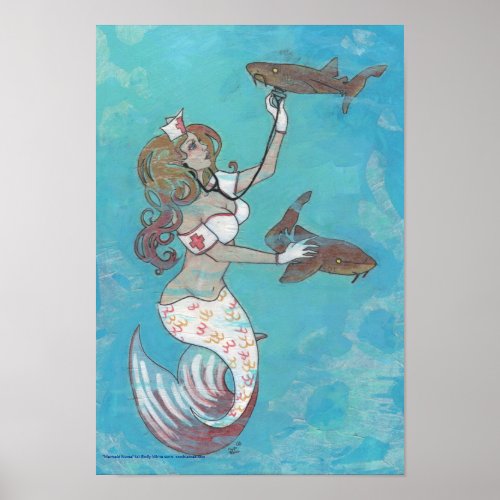 Mermaid Nurse Shark Fantasy Art Print Poster