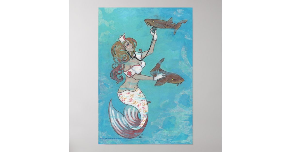 Mermaid Nurse Shark Fantasy Art Print Poster