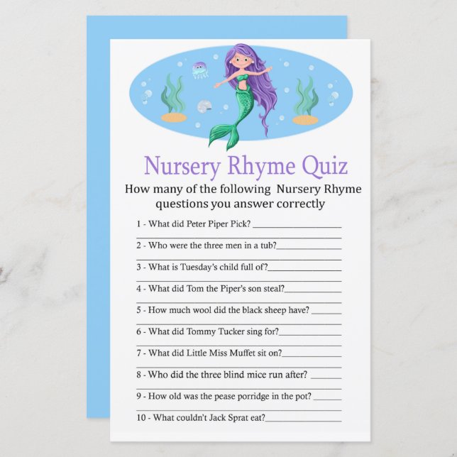 Mermaid Nursery Rhyme Quiz baby shower game (Front/Back)