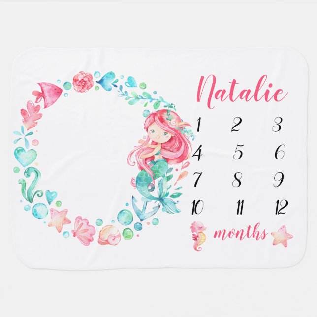 Mermaid Ocean Baby Girl Milestone Blanket (Horizontal)
