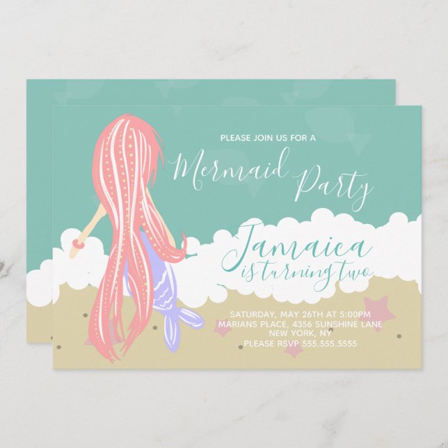 Mermaid Ocean Beach Birthday Party  Invitation (Front/Back)