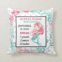 Mermaid Ocean Birth Stats Baby Announcement Girl Throw Pillow