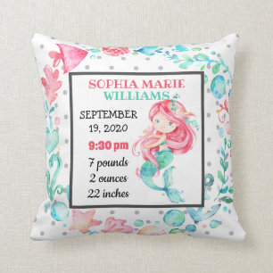 Mermaid Ocean Birth Stats Baby Announcement Girl Throw Pillow