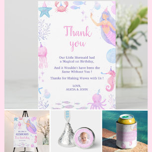 Mermaid Ocean Birthday Girl 1st Birthday Sea Life  Thank You Card
