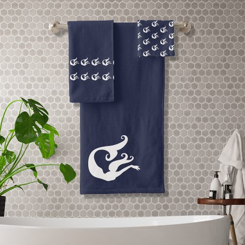 Mermaid Ocean Blue and White Bath Towel Set