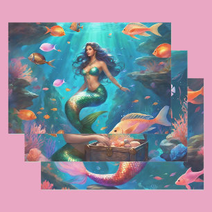 Mermaid Ocean Fish Girl's 3 Wrapping Paper Sheets