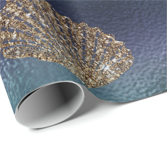 Mermaid Ocean Glitter Blue Navy Gold Seashells Wrapping Paper (Roll Corner)
