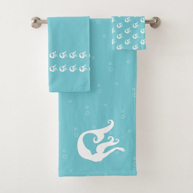 Mermaid Ocean Mist Blue and white Bath Towel Set (Insitu)