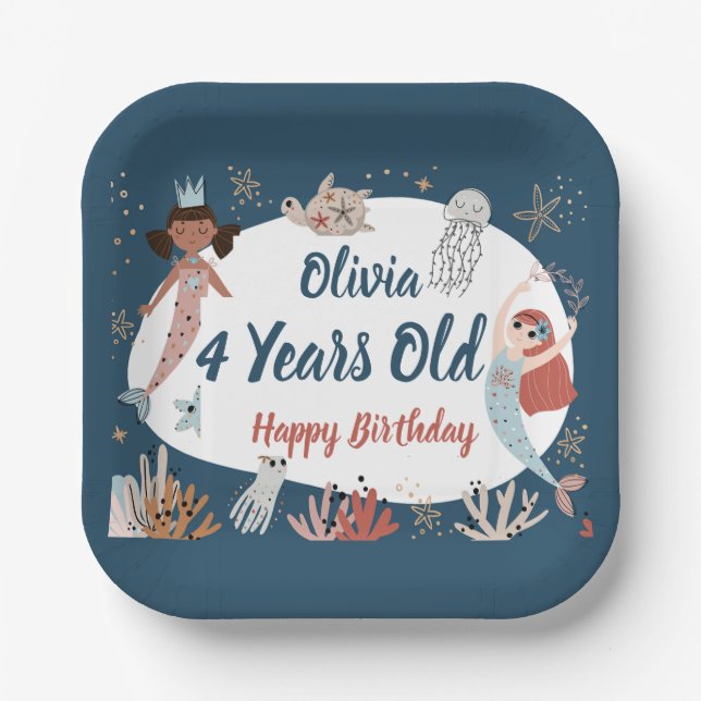 Mermaid Ocean Sea Beach Party Octopus Birthday Kid Paper Plates (Front)