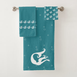 mermaid ocean teal blue and white bath towel set