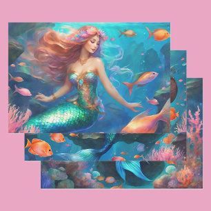 Mermaid Ocean Treasure Chest Girl's 3 Wrapping Paper Sheets