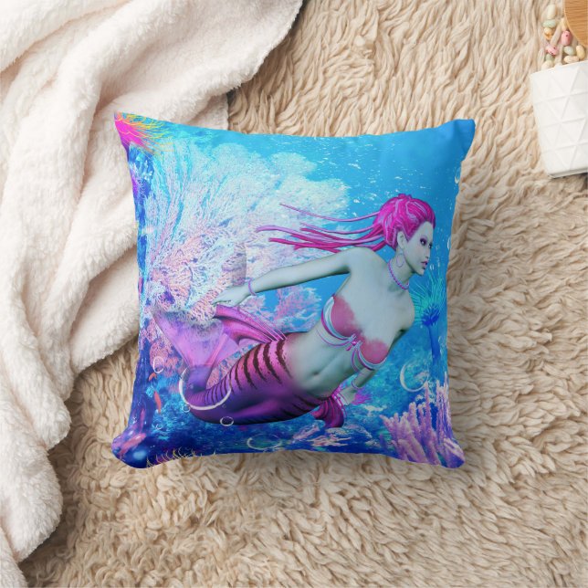 Mermaid of the Coral Veil Throw Pillow (Blanket)