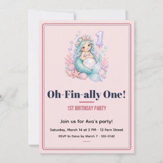 Mermaid Oh-Fin-ally 1st Birthday Blush Invitation
