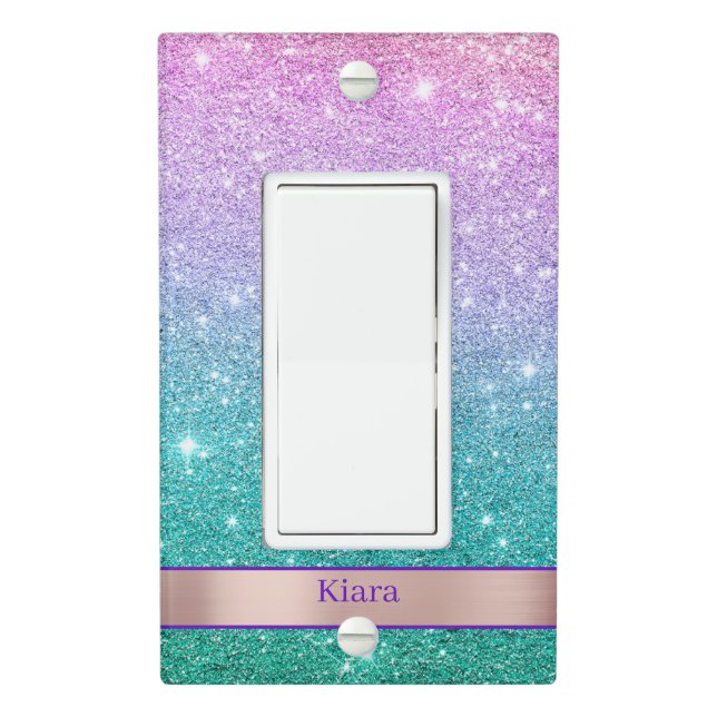 Mermaid Ombre Glitter and Rose Gold Name Light Switch Cover (In Situ)