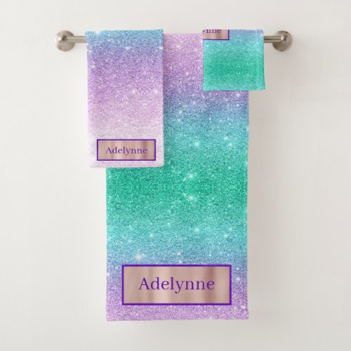 Mermaid Ombre Glitter Custom Name Bath Towel Set