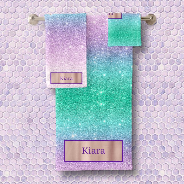 Mermaid Ombre Glitter Custom Name Bath Towel Set (Creator Uploaded)