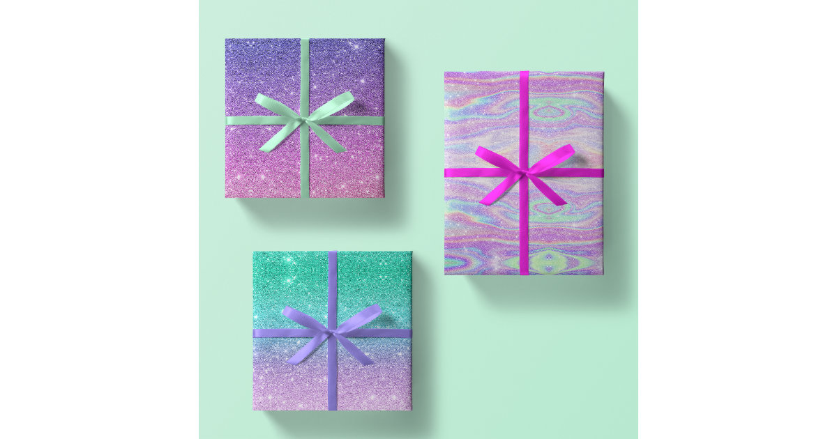 Mermaid Ombre + Iridescent Rainbow Glitter Gift Wrapping Paper Sheets |  Zazzle