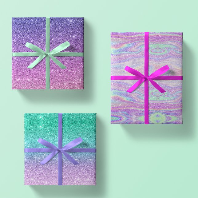 Mermaid Ombre + Iridescent Rainbow Glitter Gift Wrapping Paper Sheets (Creator Uploaded)