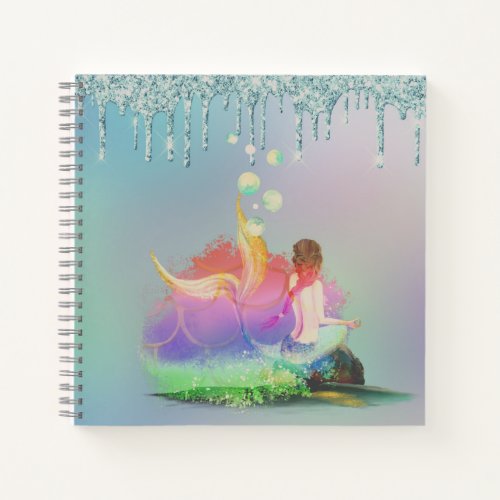 Mermaid on a blue glitter background  notebook